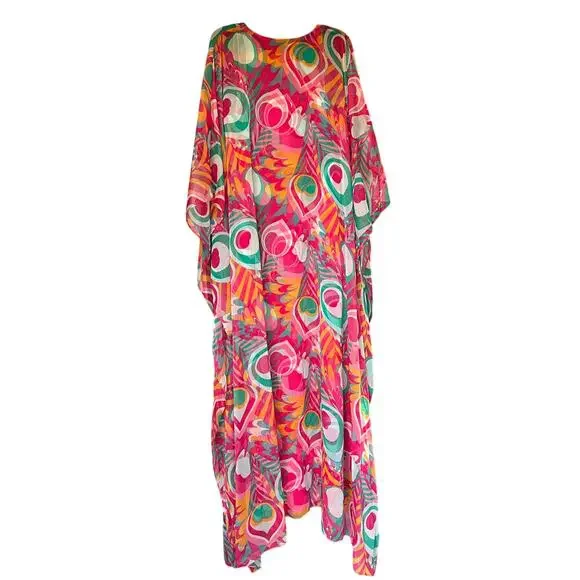 TRINA TURK Salon Maxi Caftan Dress in Dramont Size 12 Resort Multicolor Peacock - Picture 4 of 13